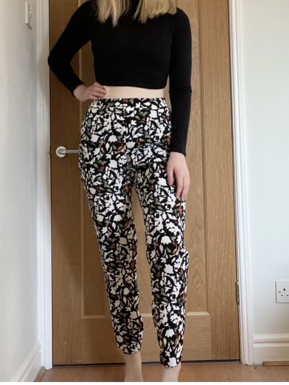 Zara Basics Floral Print High Waist Elastic Waist Pants Trousers
